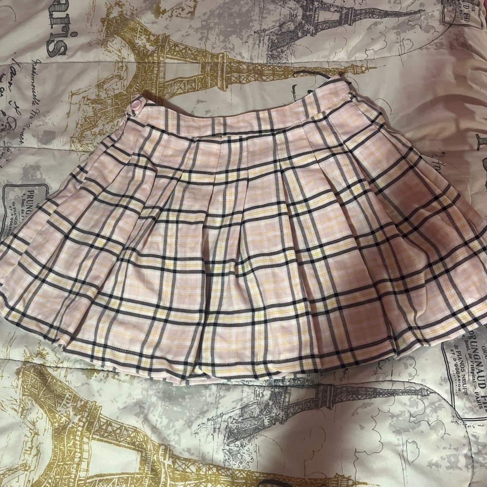 Medium pink, yellow and black plaid skirt